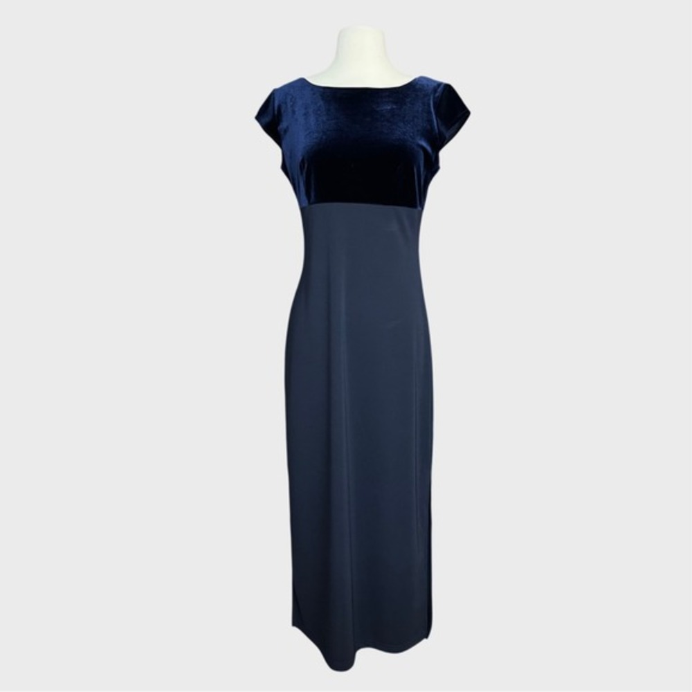 Vintage 90's Women's Sz 9‎ Medium Maxi Navy Blue Velour Velvet Dress Whimsigoth